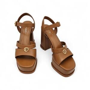 Louis Vuitton Maya Heeled Platform Sandal Cognac Brown Leather Gold Size 39 US 9